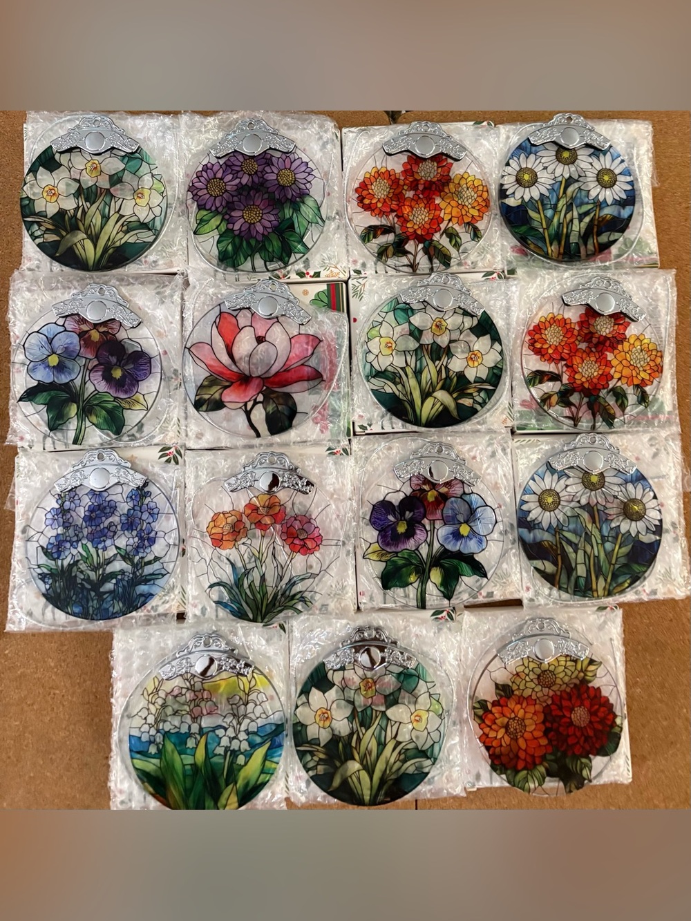Set of 15 Floral Stained Glass Holiday ornaments  - Multi-Color